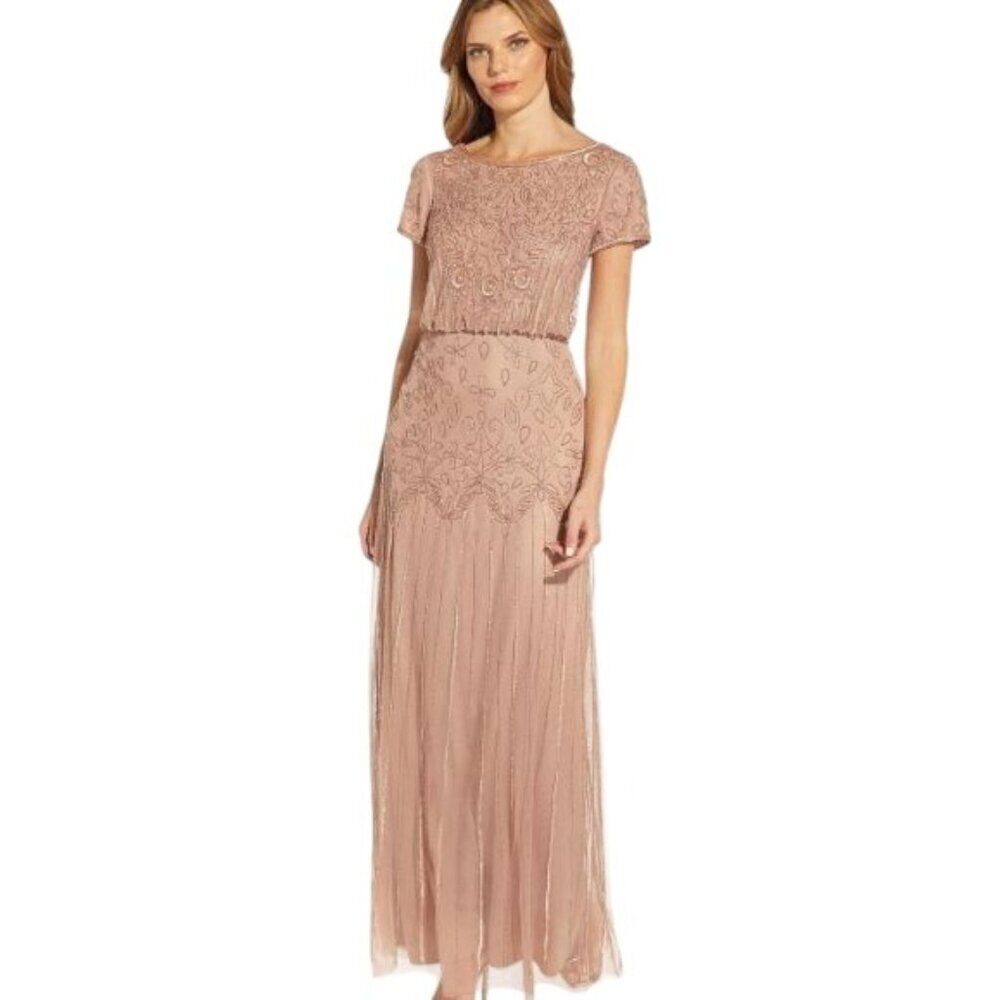 Adrianna Papell Rose Gold Sequins Beaded Short Sleeve Formal Gown Size 10 Maxi D